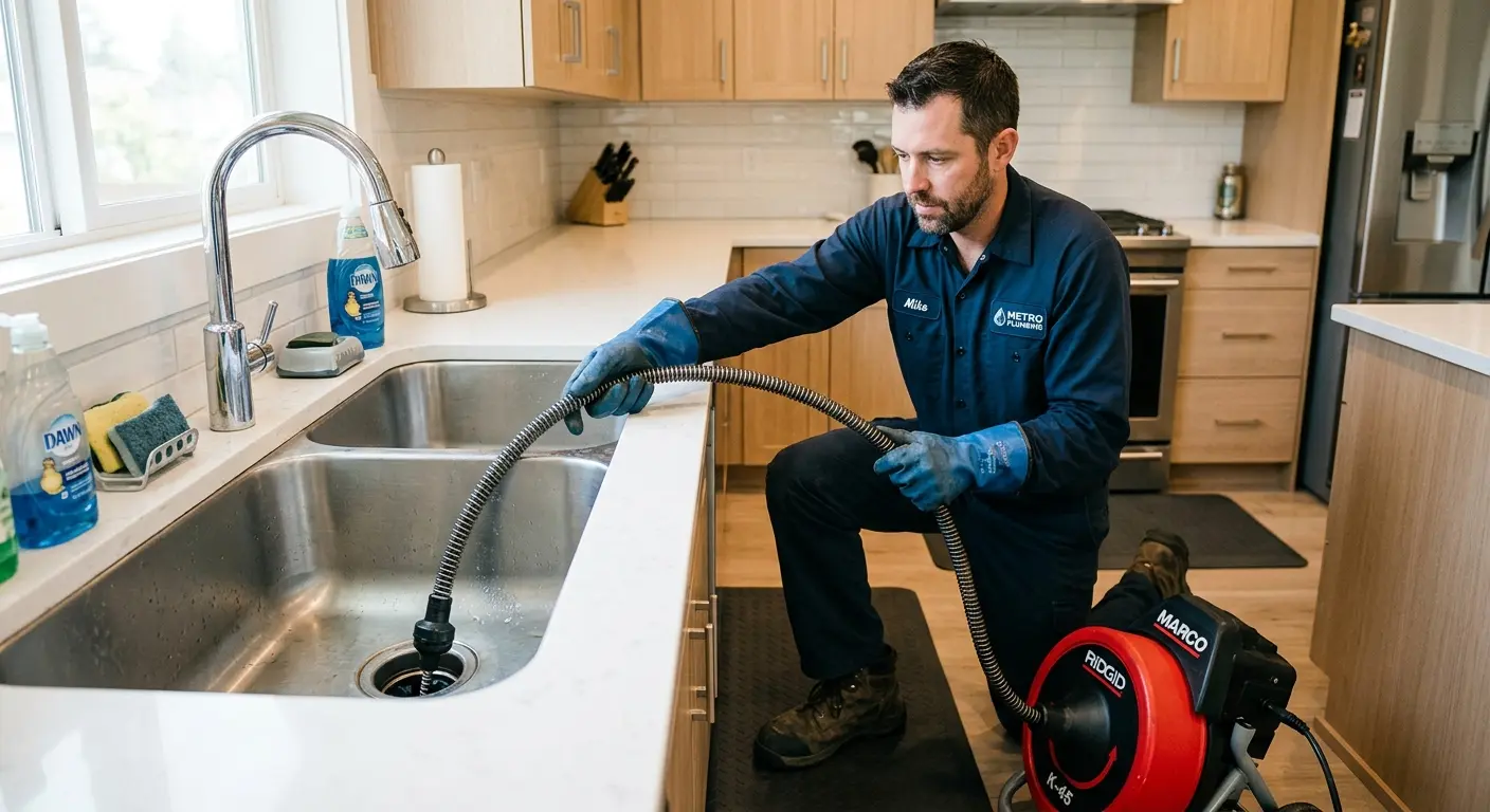 Drain cleaning technician using a motorized snake on a kitchen sink in Hopkinton