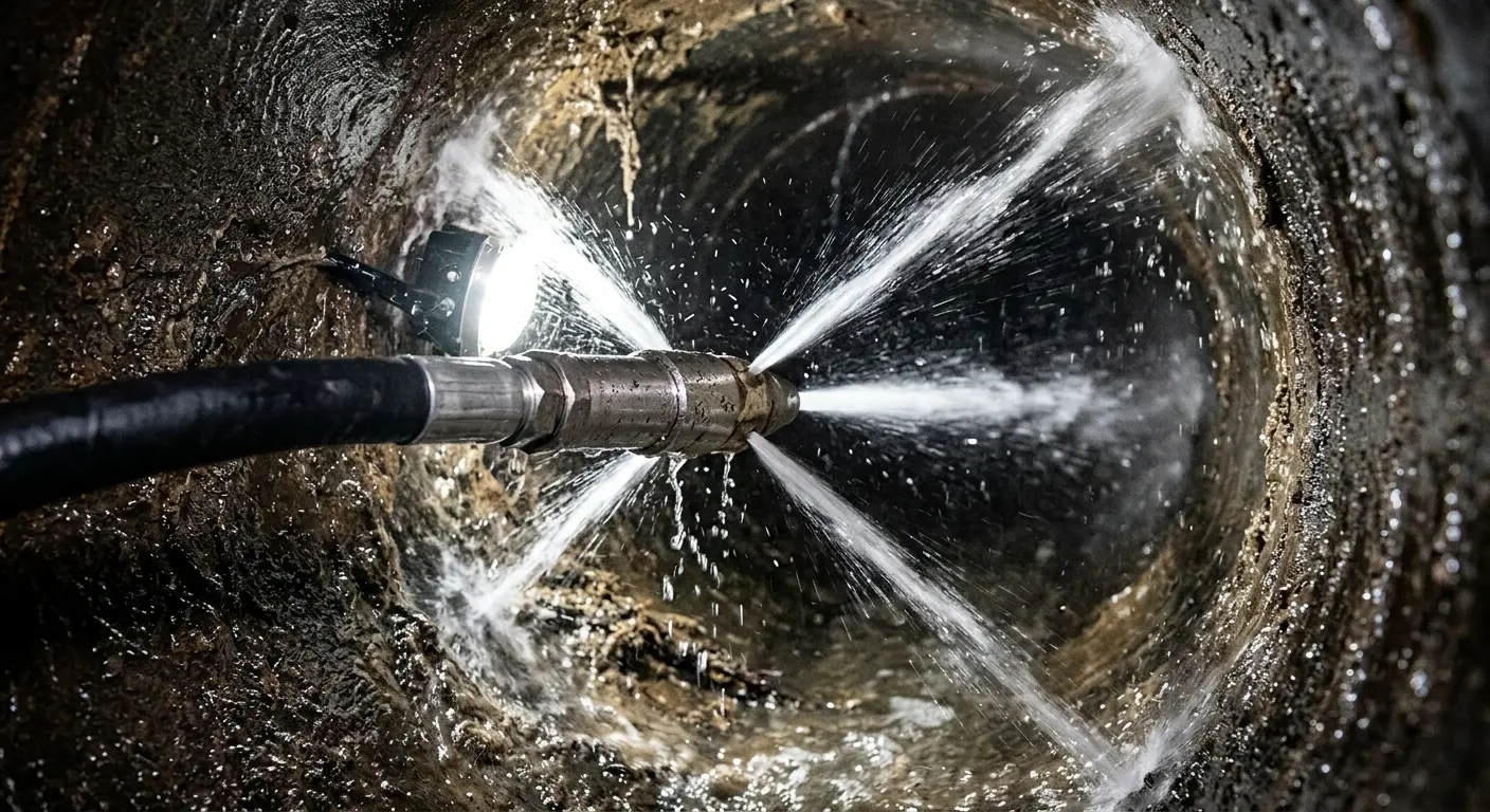 High-pressure hydro jetting nozzle cleaning sewer pipe for Trenchless Sewer Repair in Hopkinton