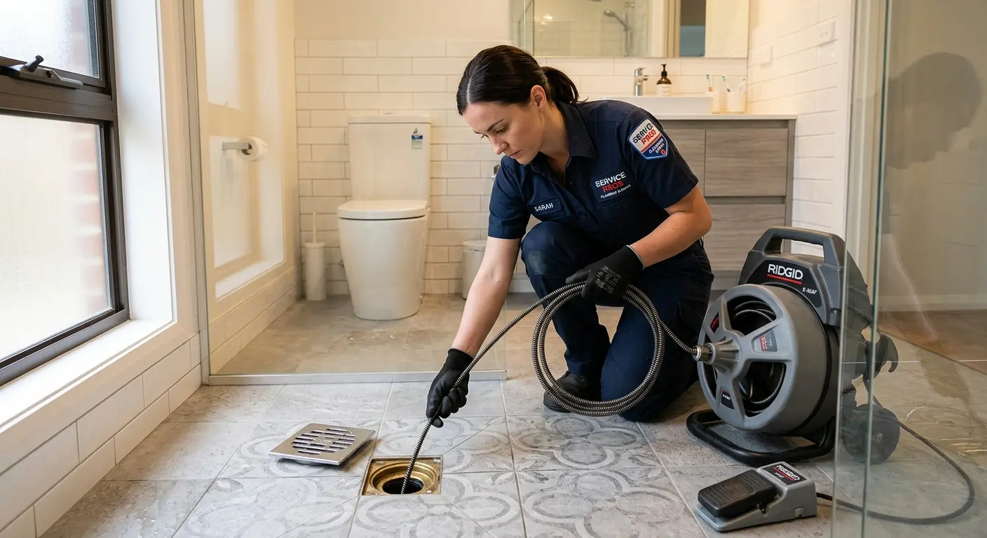 Technician clearing a bathroom floor drain for Clogged Drain Repair in Hopkinton